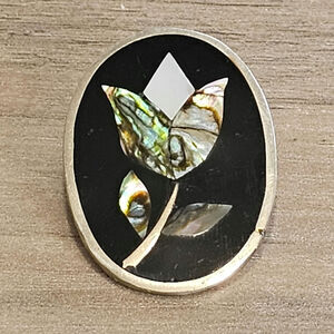 Vintage Alpaca Silver Inlaid Abalone Flower Brooch with Pendant Option